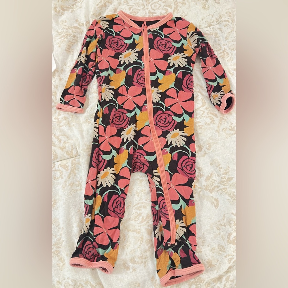 Kickee Pants Floral Kids Footie - Pink, Orange, Black